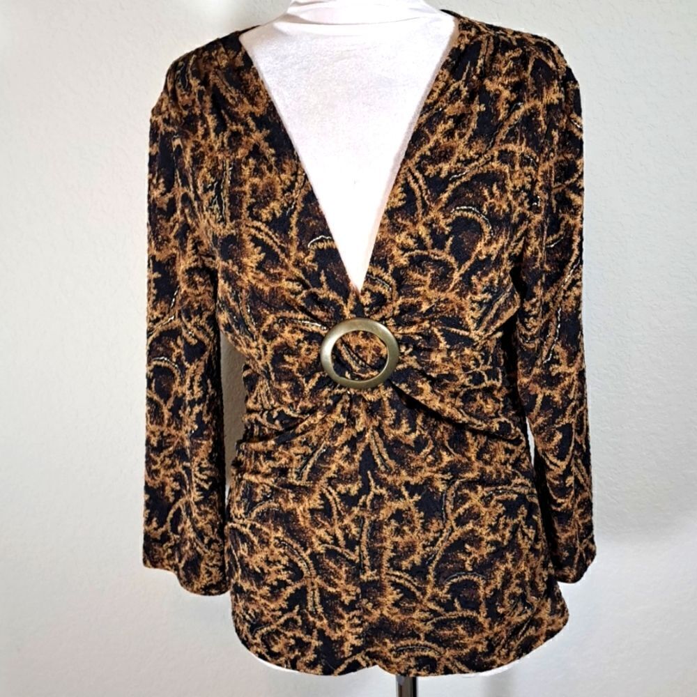 Top J.t.b. Women’s Brown Black Print V-Neck 3/4 Sleeves Stretch Ruching Size L